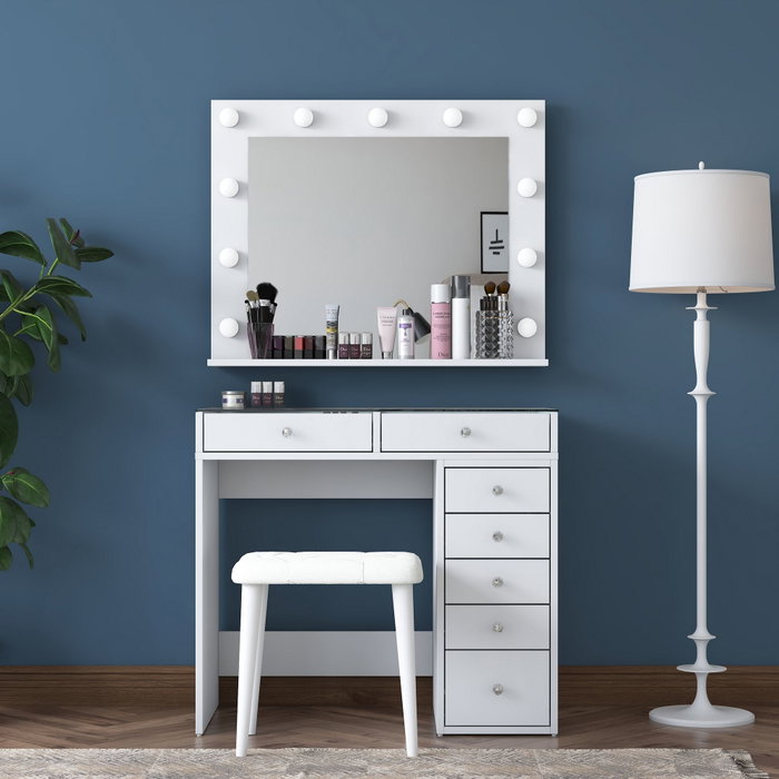 Hanah Home Mesa de Maquillaje Blanca con Espejo de 11 Focos y Puff Hanah Home Mesa de Maquillaje Blanca con Espejo de 11 Focos y Puff